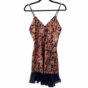 Size S Blue Pink Floral Satin Slip Dress Keyhole Ruffle Hem Fairy Cottagecore